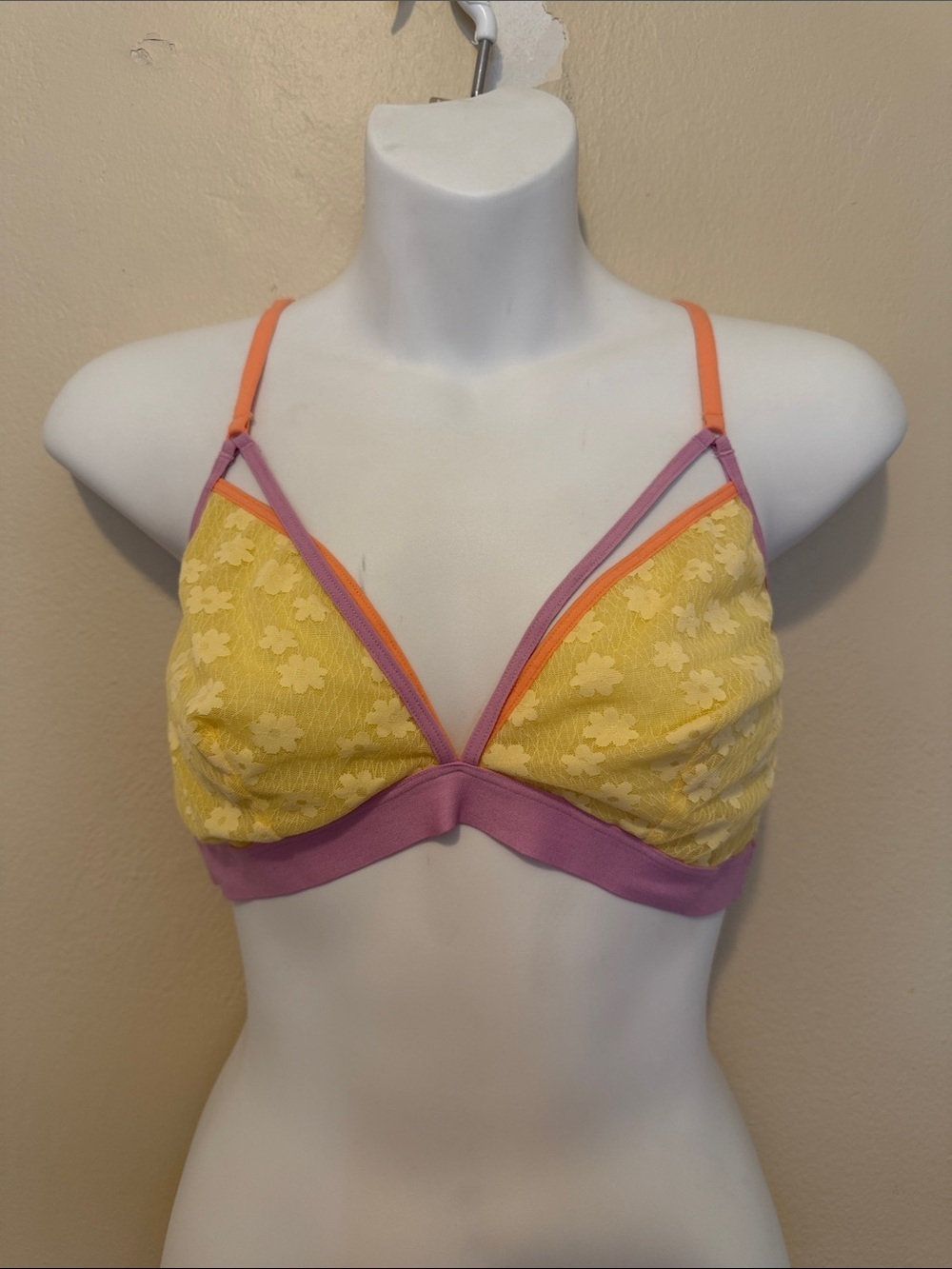 Colsie Yellow Floral Lace Bralette with Pink Band and Orange Straps